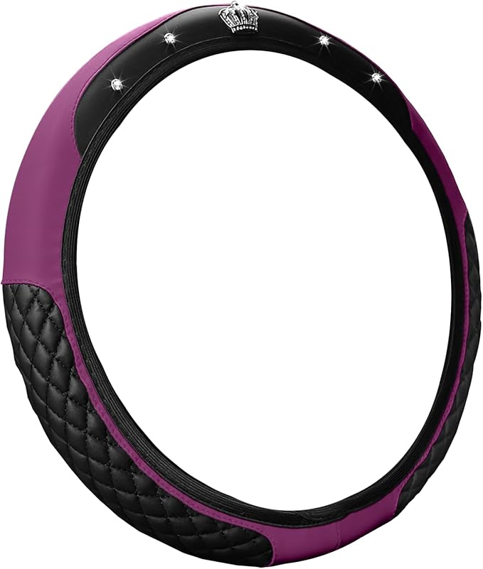 Bling Car Steering Wheel Cover, Diamond Leather Crystal Rhinestones Vehicles Steering Wheel Protector, Sparkling Anti-Slip Automotive Interior Decoration Accessories, Universal Fit (Purple)
