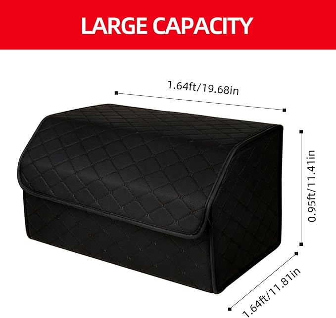 1Pack Leather Trunk Organizer for SUV & Sedans - Extra Large Foldable Car Storage Box with Lid, Adjustable Removable Dividers and Carry Handle, Collapsible Auto Cargo Organizer Black (1)