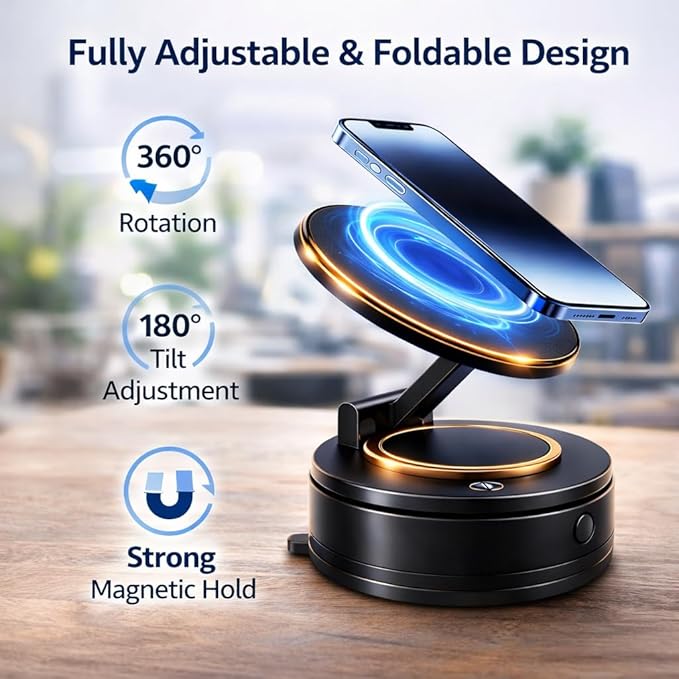 Vacuum Magnetic Car Phone Mount – 360° Adjustable MagSafe-Compatible Phone Holder with Nano Gel Suction Cup, Foldable Hands-Free Mount for Dashboard, Windshield, Gym Mirror, Glass and Smooth Surfaces