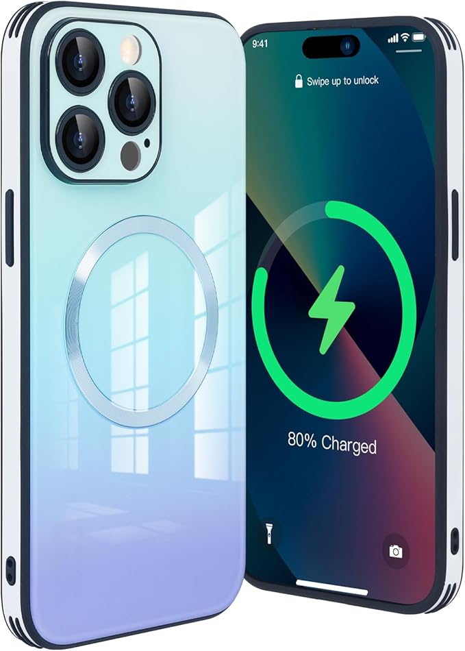 Guppy Compatible with iPhone 14 Pro with MagSafe Case, Magnetic Gradient Case with MagSafe Charging, Gradient Glass Back Cover with Lens Film-Blue