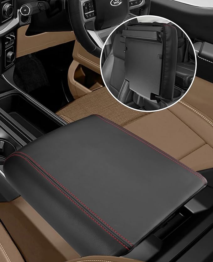 INTGET Center Console Cover for 2025 2026 Ford F150 Accessories Interior 2021 2022 2023 2024 Car Middle Arm Rest Armrest Lid Seat Cover Protector Elbow Cushion Pad (red Stitches, 2021-2026)