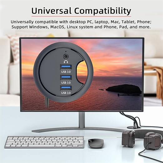 xiwai USB 3.0 Hub Splitter, Sound Card 3 Port USB Multiport Expander 60mm Desk Grommet Dock Station Headphone Mic Audio Interface for PC Desk Desktop