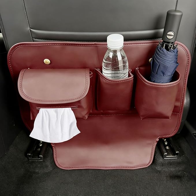 Leather Car Seat Back Organizer, Waterproof Car Seat Kick Mat with Cup Holder, Multifunctional Backseat Storage Bag, Universal Auto Travel Seats Protector Accessories for SUV Truck (Red)