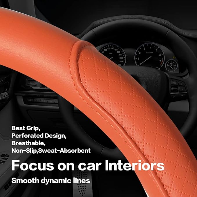 VARGTR Microfiber Leather Steering Wheel Cover with Classic Embossing, Anti-Slip Breathable Auto Car Wheel Protector, Fit 15 Inch (Orange)