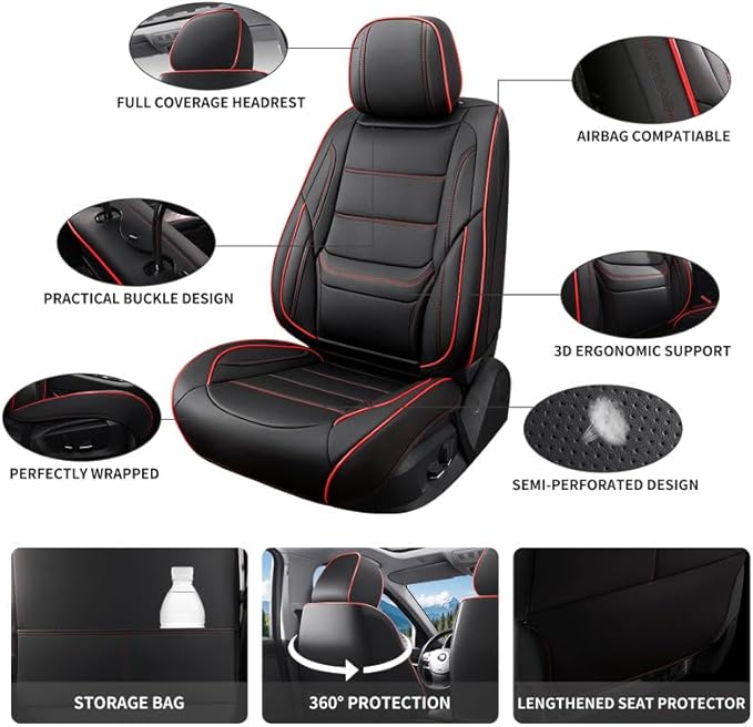 Car Seat Covers Full Set Custom Fit for Chevy Trailblazer 2021-2026-Luxury Leather with Lumbar Support, Breathable, Waterproof, Anti-Slip, Durable, Easy to Install (Black&Red,Full Set)
