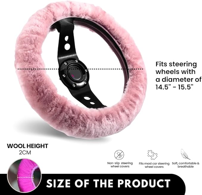 Andalus Brands Luxury Fluffy Car Steering Wheel Covers – Genuine Merino Sheepskin, Soft Fuzzy Car Steering Wheel Cover for Women, Universal 14.5-15" Size, Plush Fur Cute Auto Accessories, Pink