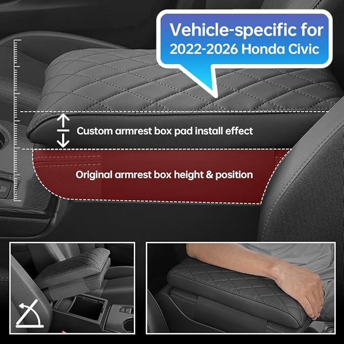 Civic Center Console Cover/Pad Fit 2022 2023 2024 2025 2026,Faux Leather Honda Civic Armrest mat,Posture Improving Support Cushion,Protector Console,Waterproof, Wear-Resistant,Flame-Retardant