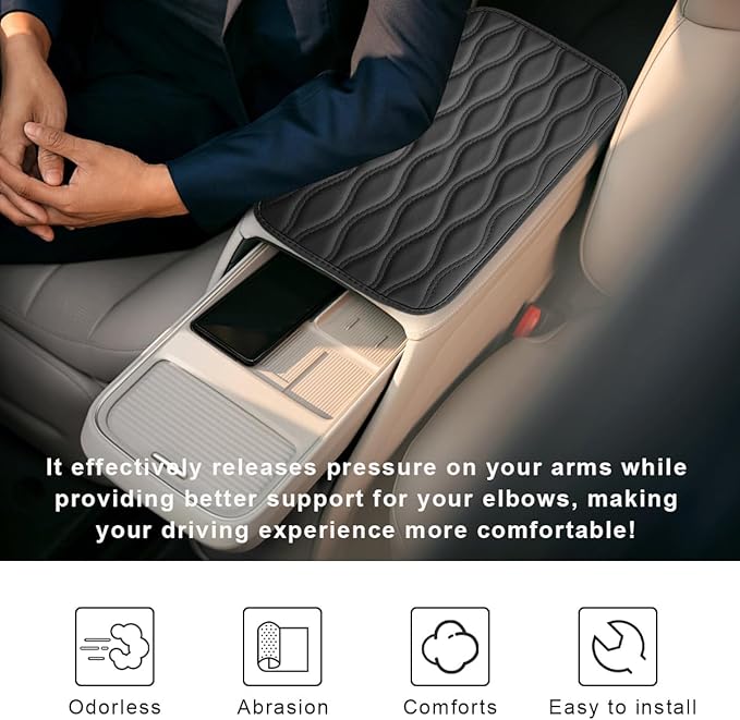 Car Center Console Cushion Pad, 12.48×7.40 Inches Waterproof Car Armrest Seat Box Cover, Comfortable PU Leather Vehicle Armrest Cover Protector, Car Decor Interior Accessories (Black)