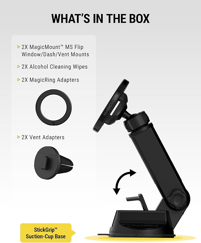 Scosche MagSafe Car Mount, Suction Cup Magnetic Windshield/Dashboard Cell Phone Holder with Vent Clip & Adjustable Flip Arm Compatible with PopSocket, iPhone 17/16/15/14/13/12, Samsung Galaxy, 2-Pack