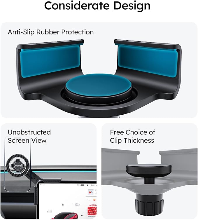 Wigoo Magnetic Phone Mount for Tesla Model 3/Y/S/X Accessories, 【Strongest Magnet & No Blocking View】 Screen Side Magnetic Holder for Magsafe iPhone 17-12 & Android - Clamp (No Glue)