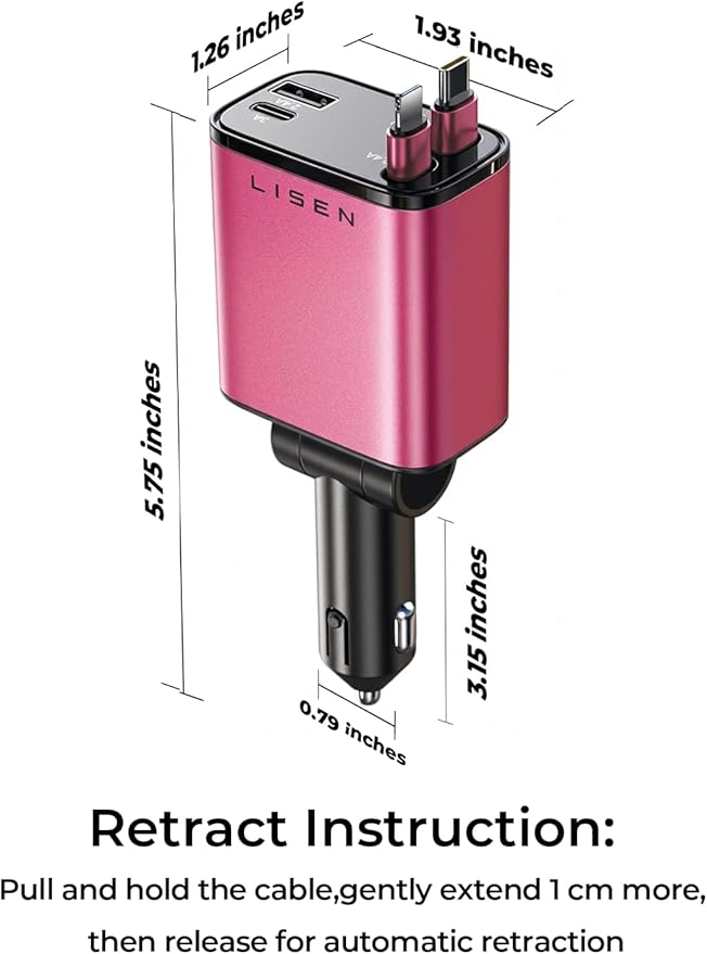 LISEN Retractable Car Charger 4 in 1, Fast Car Phone Charger with Cord 31.5inch, USB C and Apple Cars Adapter, Pink Accessories for Cute Women fit for iPhone 17 16 15 14 13 12 11 X, Samsung S26 S25