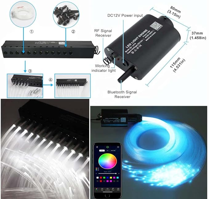 AZIMOM 16W Sound Activate Fiber Optic Starlight Headliner Kit 550pcs 0.03in 13.1ft Fiber Strands, Pure White Meteor Shooting Star Music Mode Remote APP Control Car Use Home Headliner Decor