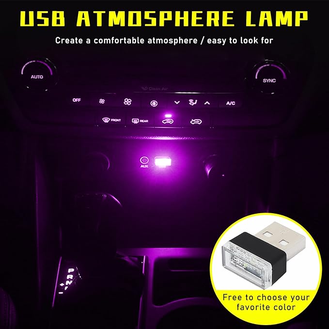 Augeny 4 PCS USB LED Car Interior Atmosphere Lamp, Plug-in USB Decor Night Light, Portable Auto Ambient Lighting Kit, Universal Vehicle Interior Accessories for Most Cars (2 Red+2 Purple)