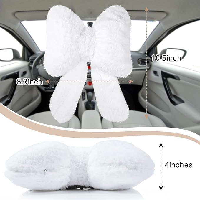 Macarrie 2 Pcs Car Neck Pillow Plush Butterfly Bow Car Headrest Pillow Comfortable Seat Neck Support Cute Car Head Rest Accessories for Driving Travel Driver Chair Girl Style Interior Decor(White)