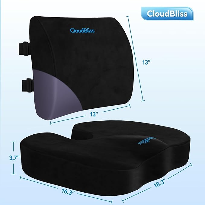 CloudBliss Lumbar Support Pillow & Seat Cushion Set for Office Chair, Desk Chair, Wheelchair & Car–Memory Foam Back Support,Ergonomic Chair Cushions,Sciatica Pain Relief,Home Essentials(Black,XL)