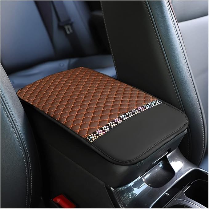 Bling Leather Car Center Console Cover, Car Center Console Protector With Glossy Crystal Rhinestone, Universal Waterproof Car Armrest Seat Box Cover For Most Car, Vehicles, SUVs, Trucks (Brown)