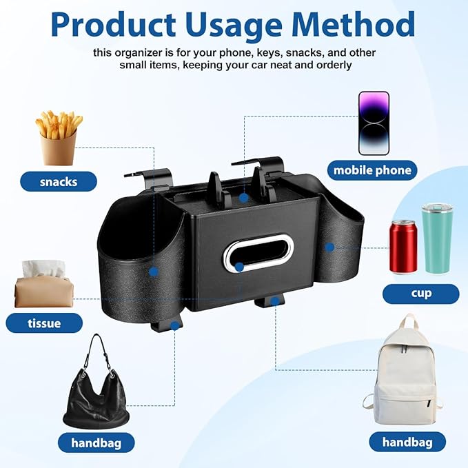 Ciieeo 4 in 1 Backseat Car Organizer with Cup Holder Tissue Box and Hooks Multifunctional Seat Back Storage Box for Road Trip Travel Accessories Universal Auto Headrest Holder