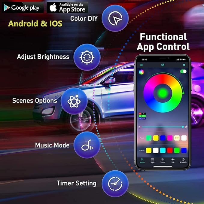 LED Underglow Kit for Car, 16 Million RGB Colors 29 Modes, APP + Remote Control, Music Sync & DIY Mode, Waterproof Under Car Lights Exterior for SUVs Trucks, DC 12V