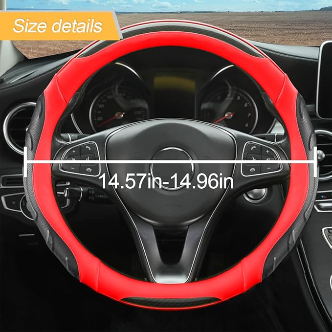 Leather Steering Wheel Cover, Auto Car Stretch Steering Wheel Protector, Universal 15 Inch Anti-Slip Breathable Odorless Steering Wheel Cover for Men Women (Black/Red)