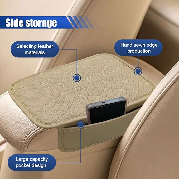 Car Center Console Cover with 2 Storage Bags - Leather Car Armrest Cushion Pad Vehicle Middle Console Cover, Universal Armrest Seat Box Protector Auto Interior Accessories for SUV, Truck, Sedan(Beige)