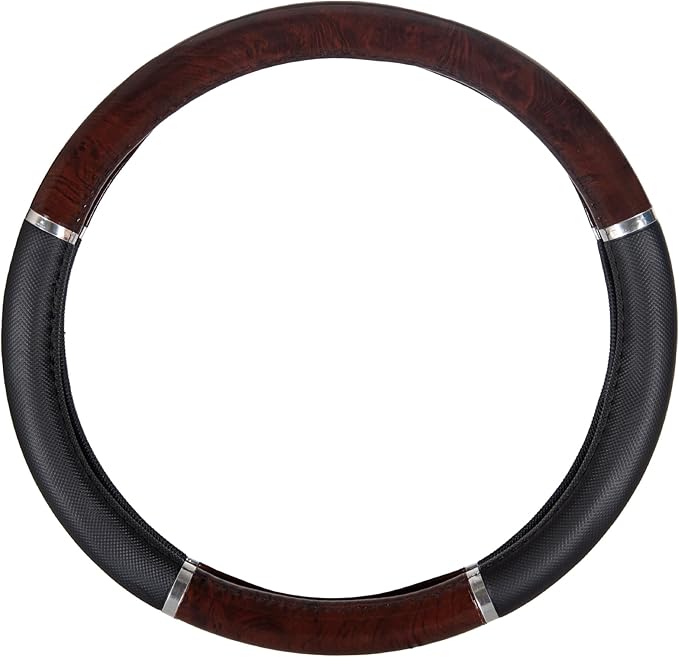 BDK Black Two-Tone 14.5-15 inch Woodgrain Pattern Dark Wood Steering Wheel Cover, 1 Pack
