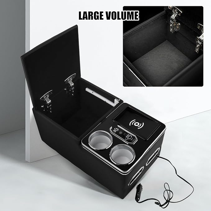 RULLINE Center Console Armrest Organizer with Wireless Charging & Cup Holders, LED Bench Seat Center Console for Car Minivan Truck SUV, Van - Universal Fit Storage Box, Center Console Armrest