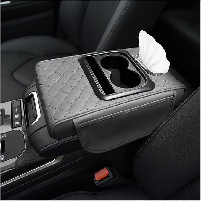 Car Center Console Armrest Pillow, Multifunctional Armrest Box Cover with Cup Phone Tissue Holder & Side Pockets, Waterproof Leather Middle Console Cushion for Most Vehicles (Gray, Embroidered)