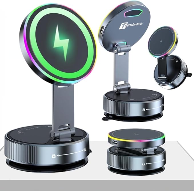 Trendwave Car Mount Charger 15W Wireless Charger Suction Cup Phone Mount with Breathing RGB Light, 360° Adjustable Vacuum Magnetic Holder for iPhone 17 Pro Max/17 Air/16/15 Plus – Gray