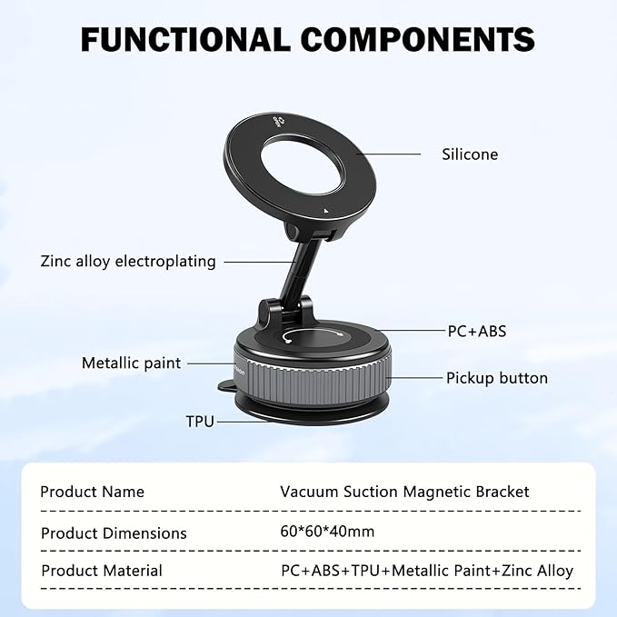 Vacuum Magnetic Phone Holder with Sticky Gel Base, 360° Foldable Suction Cup Phone Mount for Textured Dashboard Windshield, Strong Magnetic Car Mount for iPhone MagSafe & Android Phones(Black)
