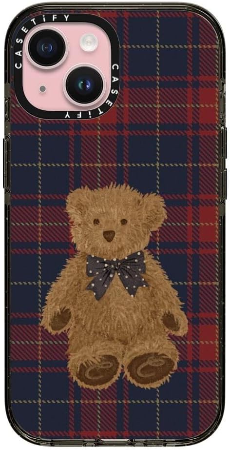 CASETiFY Impact Case for iPhone 15 [8.2ft 4X Military Grade Drop Protection/Compatible with Magsafe] - Teddy Bear Plaid - Clear Black