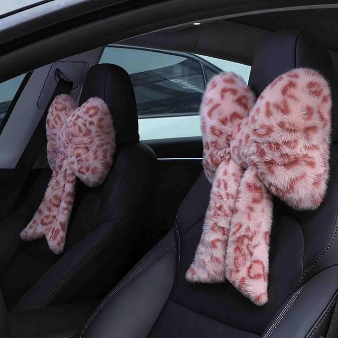 Macarrie 2 Pcs Car Neck Pillow Plush Butterfly Bow Car Headrest Pillow Comfortable Seat Neck Support Cute Head Rest Accessories for Driving Travel Driver Chair Girl Style Interior Decor (Pink Leopard)