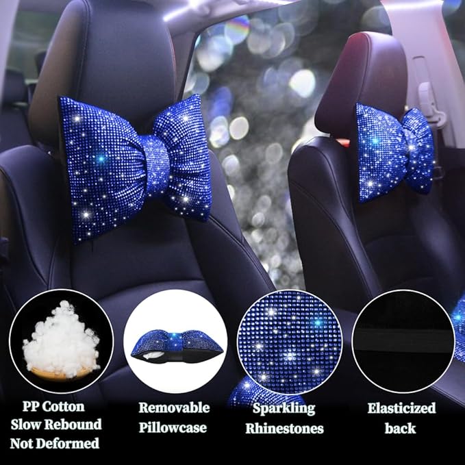 Automotive Headrest Cushion Colorful Bowknot Car Headrest Pillow Bling Bling Rhinestones and Crystal Support Black Bling Auto Accessories Driver Neck Support Blue 2Pcs