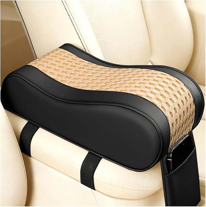 Car Armrest Cushion, Soft Memory Foam Leather Vehicle Armrest Pillow with Storage Bag, Multifunctional Automotive Interior Center Console Arm Rest Pad, Universal for Most Vehicles (Beige)