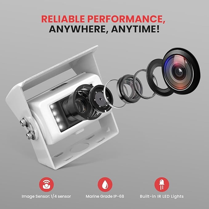 Pyle 7'' Digital Marine Camera, 150 Degree Rear View Camera White, RV Camera, Designed for Car/Truck use 12/24 Volt Systems, Water Resistant with Built in Microphone, w/ IR Night Vision Illumination