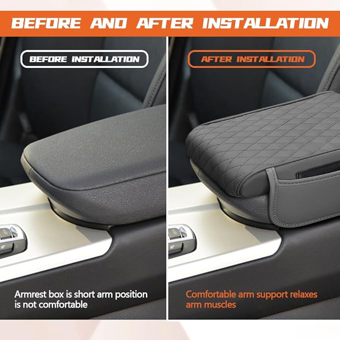Car Center Console Cover, Napa Leather Car Armrest Cushion with Side Pockets, Memory Foam Auto Armrest Seat Box Mat, Universal Interior Armrest Protective Cover Accessories for Most Vehicle