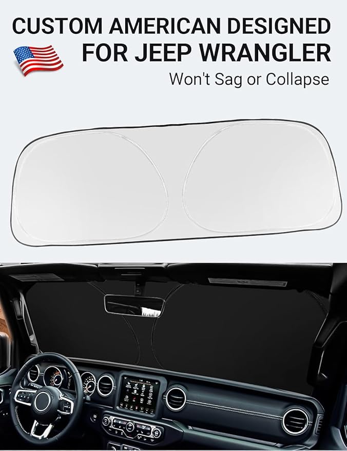 Proadsy Windshield Sun Shade Custom Fit Jeep Wrangler JL JLU & Gladiator JT 2018-2024 2025 2026 4-Layer Foldable Front Sunshade Protector Sun Visor Blocks UV Rays Keep Car Cooler Accessories