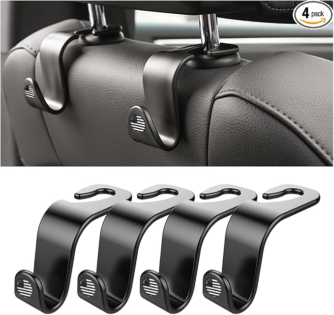 4PCS Car Seat Headrest Hooks, Auto Back Seat Hanger Holder, Durable Stylish Vehicle Organizer Universal Car Interior Accessories, Storage Hooks for Purses, Bags, Clothes, Hats (Black/Black Flag)