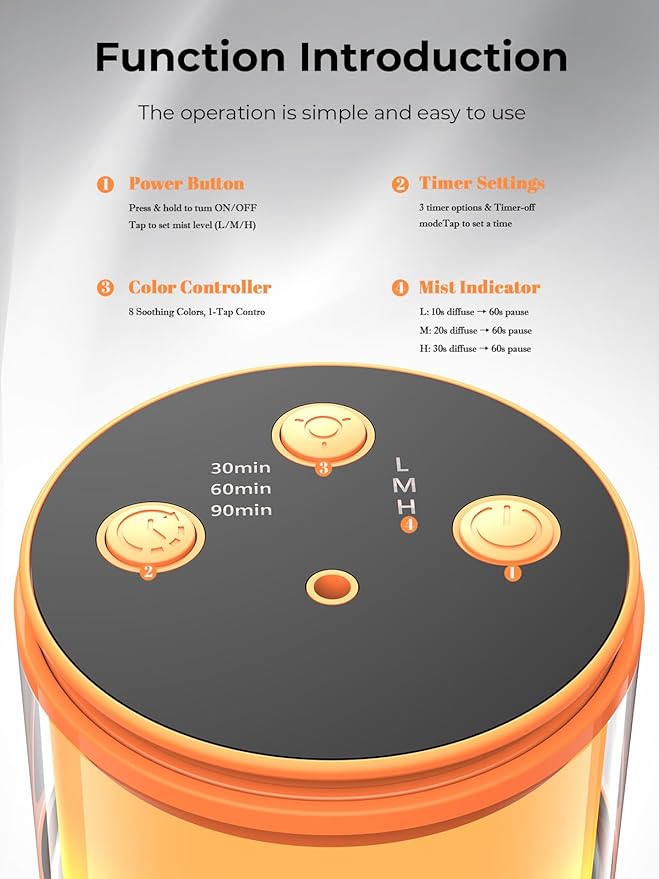 Waterless Diffuser for Essential Oil: Mini Battery Scent Diffuser for Room&Home&Car with 9 Colors LED Light - Portable Aroma Cool Mist Machine Bright Orange