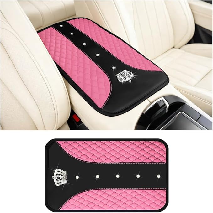 Bling Car Center Console Cover, Crown Crystal Rhinestones Vehicle Armrest Mat Protector, Anti Slip Sparkling Automotive Arm Rest Seat Box Cushion Pad Decor Accessories, Universal Fit (Pink)