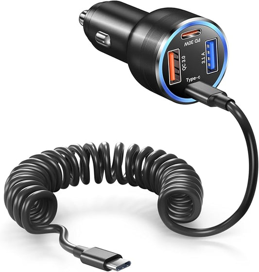USB C Car Charger, Bangfun 65W 4-Port Dual 12V USB Car Power Charger PD&QC3.0 Fast Charging Cigarette Lighter Adapter Plug for iPhone 17 16 15 Pro iPad Air Samsung S25+5ft Type C Coiled Cable (Black)