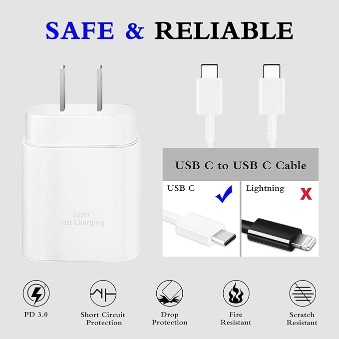 Type C Charger, 2-Pack 25W Type C Fast Charging Block with 6ft USB C Charger Cable Compatible with Galaxy S23 Ultra/S23+/S22/S21/S20/Phone 16/16 Plus/16 Pro Max/15/15 Pro Max/15 Plus-White
