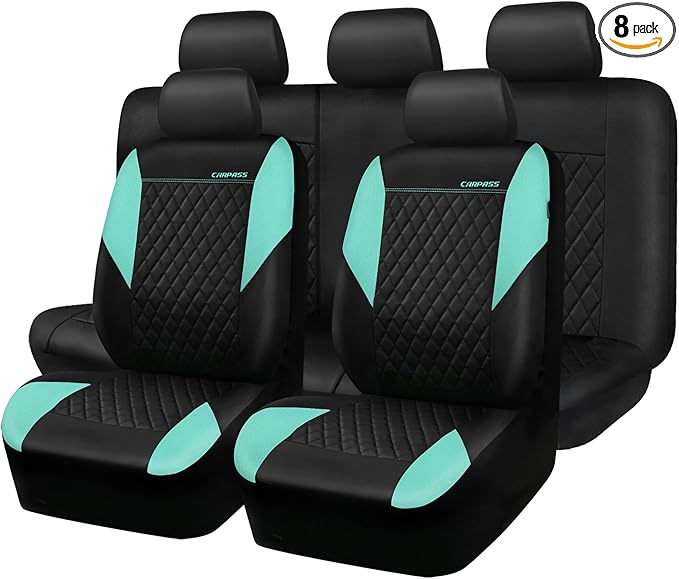 CAR PASS Mint Leather Seat Covers Full Set-Universal Quilting Cute Girly Car Seat Cover with 5mm Composite Sponge Inside,Airbag Compatible,2zipper Bench for Most Sedan,SUV,Truck(Full Set,Mint)