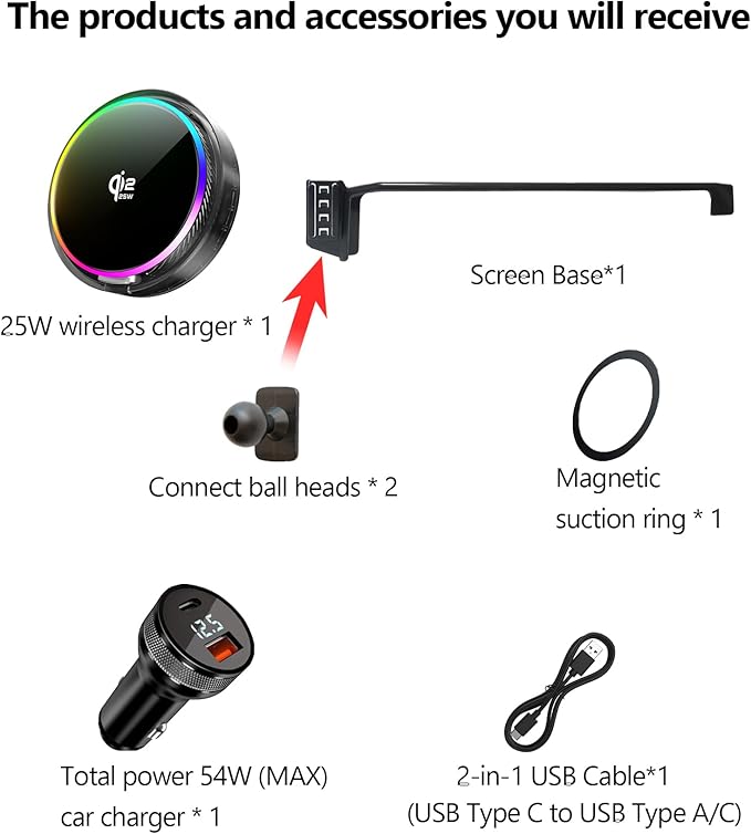 Qi2.2 25W Magnetic Car Mount Charger for 2025 2026 Toyota Camry Accessories, for Fast Charging Cell Phone Holder 12.3 Inch Screen Fixed Clip with Cooling Fan＆54W Fast Adapter