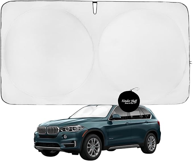 Windshield Sun Shade -Certified 99.87% UVB & 99.02% UVA Car Sun Shade. Award Winning Sunshade - Patented Technology | Compatible for BMW X5 (2014-2018) | Car Shades by Kinder Fluff