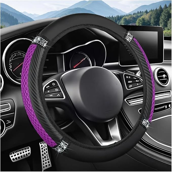 Bling Car Steering Wheel Cover, 15 Inch Elastic Stretch Crystal Rhinestone Vehicle Steering Wheel Protector, Anti-Slip Auto Interior Protective Cover, Universal for SUV RV Truck (Purple)