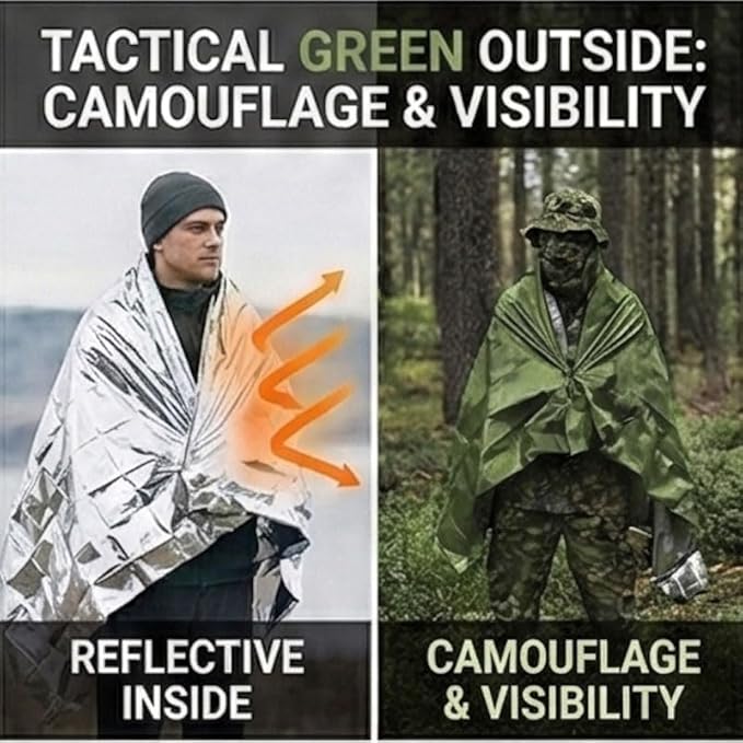 Ruten Double-Sided Green/Silver Thermal Emergency Blanket (4-Pack) - Extra Large 63x82.7 Heavy Duty Mylar Foil Space Blankets for Camping, Car, Hiking, Survival Kits - Windproof & Waterproof