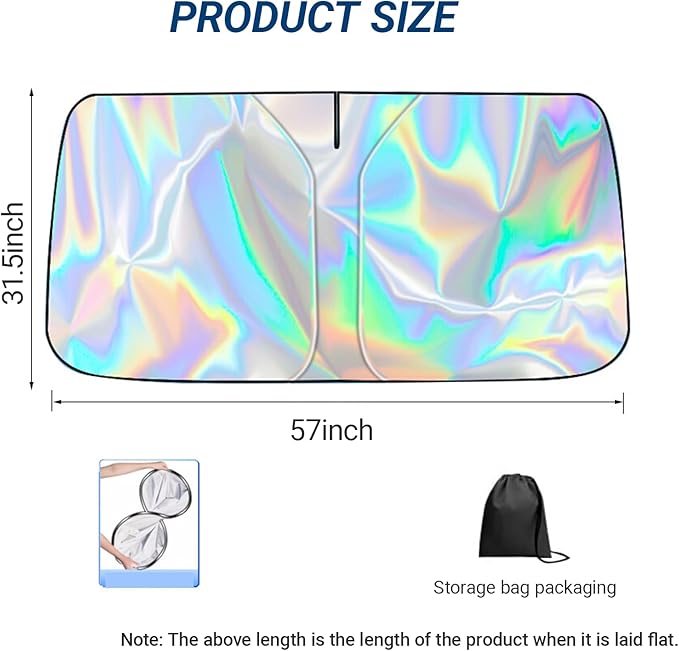 Car Windshield Sun Shade with Storage Pouch, Foldable Laser Titanium Silver Front Window Shield Blocker Screen Visor Protector Cover, Keep Interior Cool, Universal Fit for Car,Truck,SUVs (L)