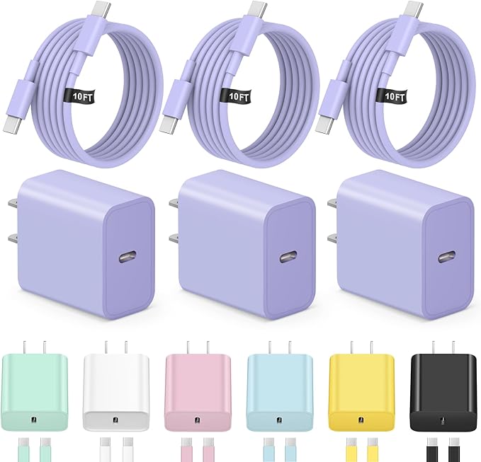 iPhone 17 16 15 Charger Fast Charging 3+3Pack Type C Charger USB C Chargers Block with 10FT Cable for iPhone Air/17/17 Plus/17 Pro/17 Pro Max/16/16 Plus/16 Pro/16 Pro Max/15/15 Pro Max (Purple)