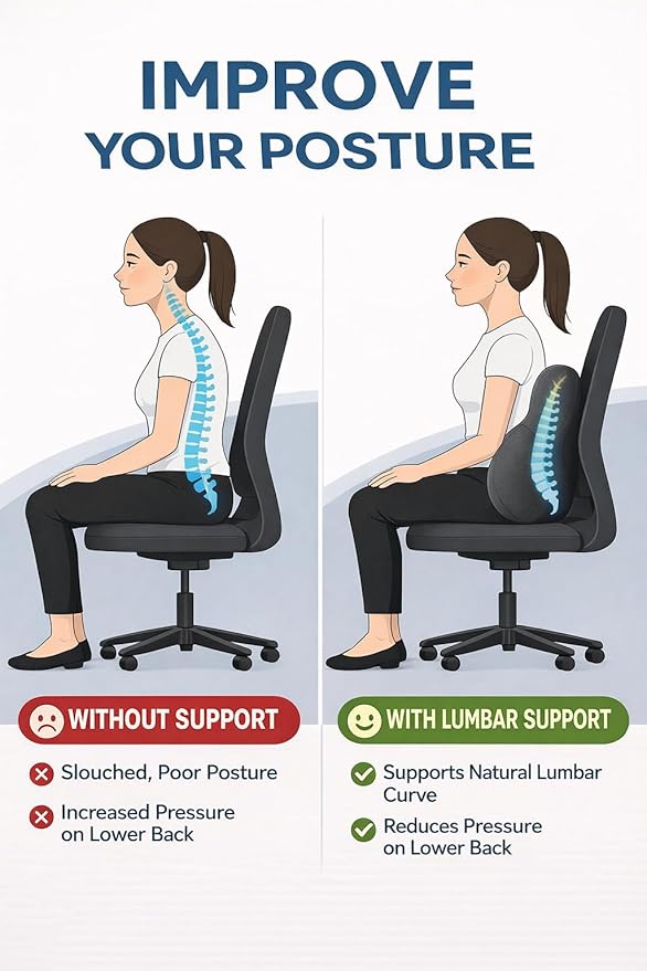 Lumbar Support Pillow for Office Chair & Car – Memory Foam Back Cushion for Lower Back Pain Relief – Ergonomic Posture Support – Washable Cover + Free Massage Roller