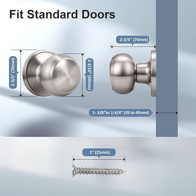 KNOBWELL 6 Pack Brushed Nickel Dummy Door Knob, Single Sided Handle for Closets, French Double Doors, and Pantry, Satin Nickel One Side Non-Turning Interior Push/Pull Door Knob